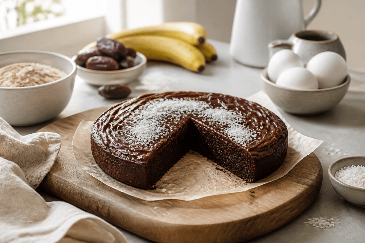 Sund chokoladekage anrettet i Madblikkets lyse nordiske billedstil med rettens vigtigste råvarer tydeligt synlige