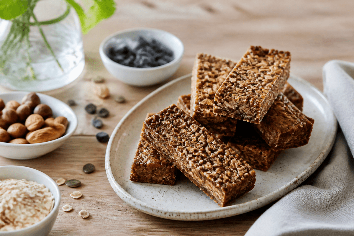 Myslibar med chokolade og nødder anrettet i Madblikkets lyse nordiske billedstil med rettens vigtigste råvarer tydeligt synlige