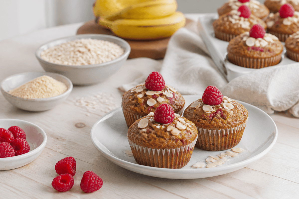 Sunde hindbærmuffins anrettet i Madblikkets lyse nordiske billedstil med rettens vigtigste råvarer tydeligt synlige