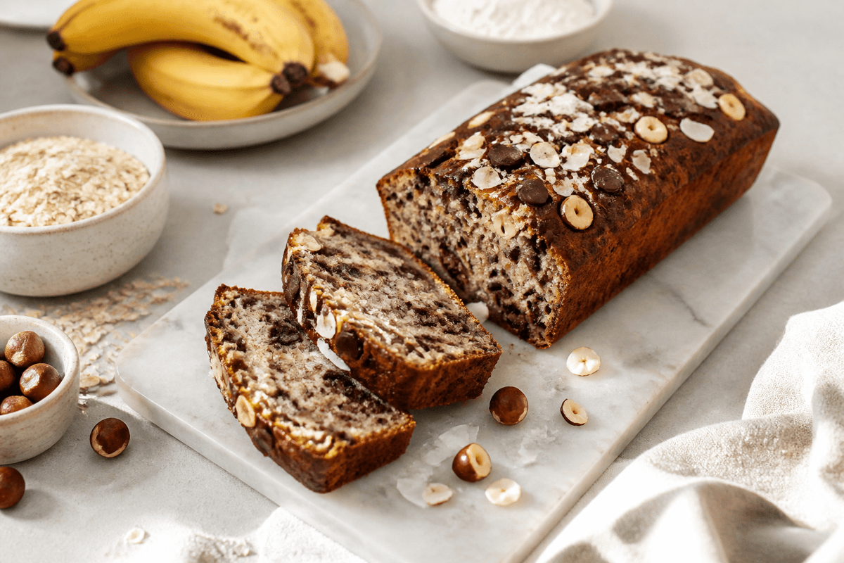 Sund banankage med chokolade anrettet i Madblikkets lyse nordiske billedstil med rettens vigtigste råvarer tydeligt synlige