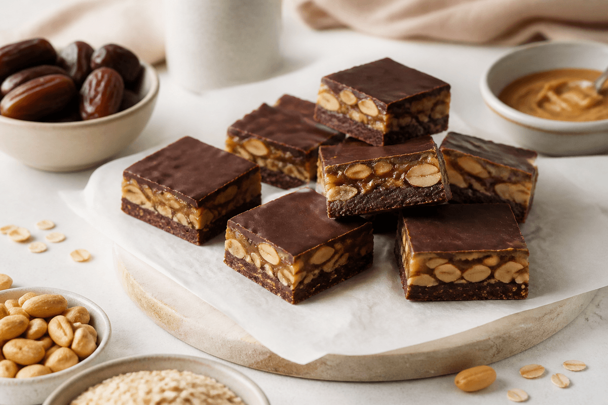 Sunde snickers uden sukker anrettet i Madblikkets lyse nordiske billedstil med rettens vigtigste råvarer tydeligt synlige