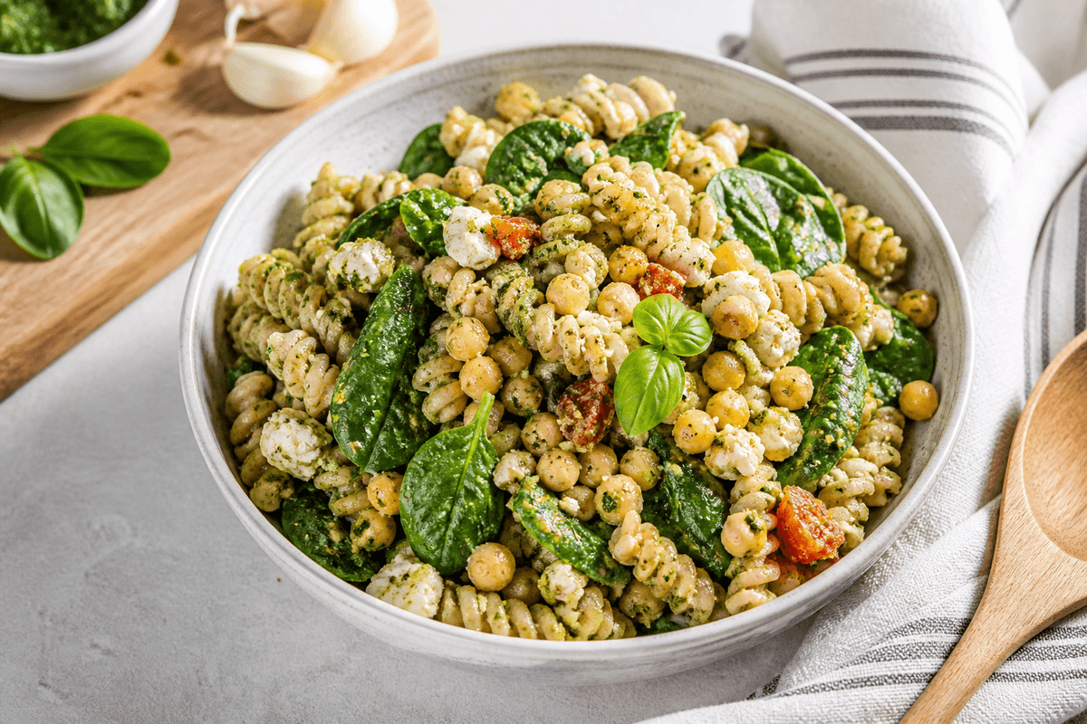Pastasalat med kikærter, feta og pesto anrettet i Madblikkets lyse nordiske billedstil med rettens vigtigste råvarer tydeligt synlige