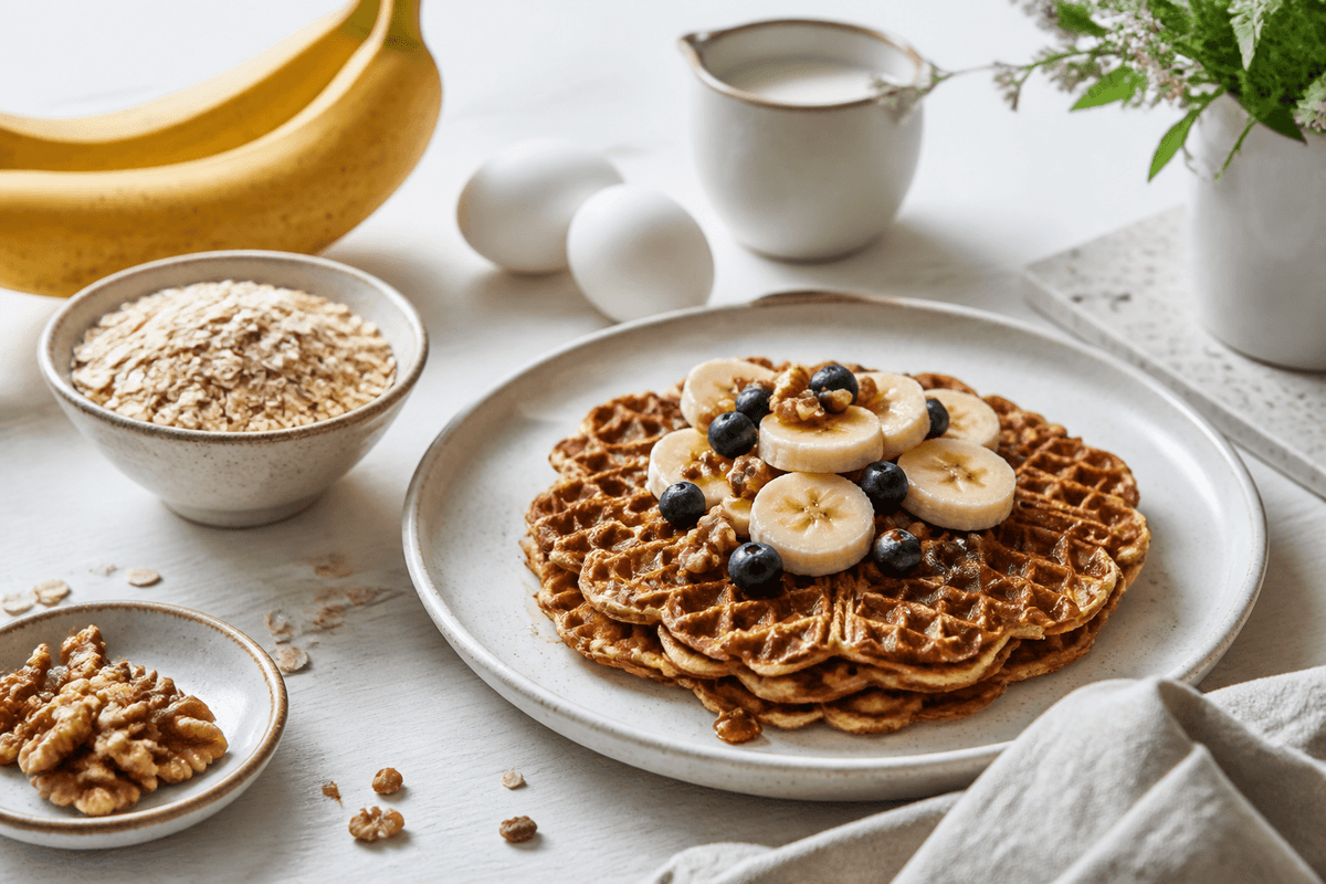 Bananvafler – sunde og nemme vafler med banan og havregryn anrettet i Madblikkets lyse nordiske billedstil med rettens vigtigste råvarer tydeligt synlige