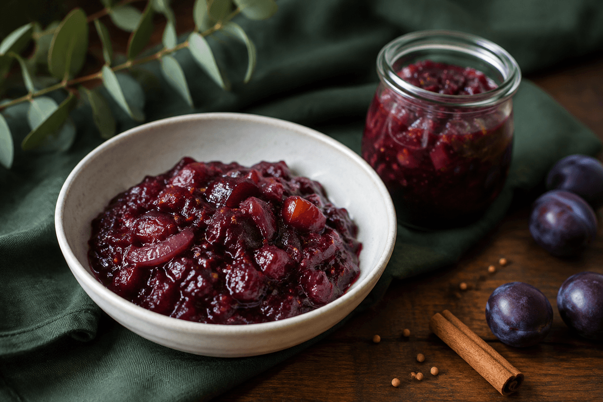 Grov mørk blommechutney med rødløg, æble, ingefær, sennepsfrø og kanel
