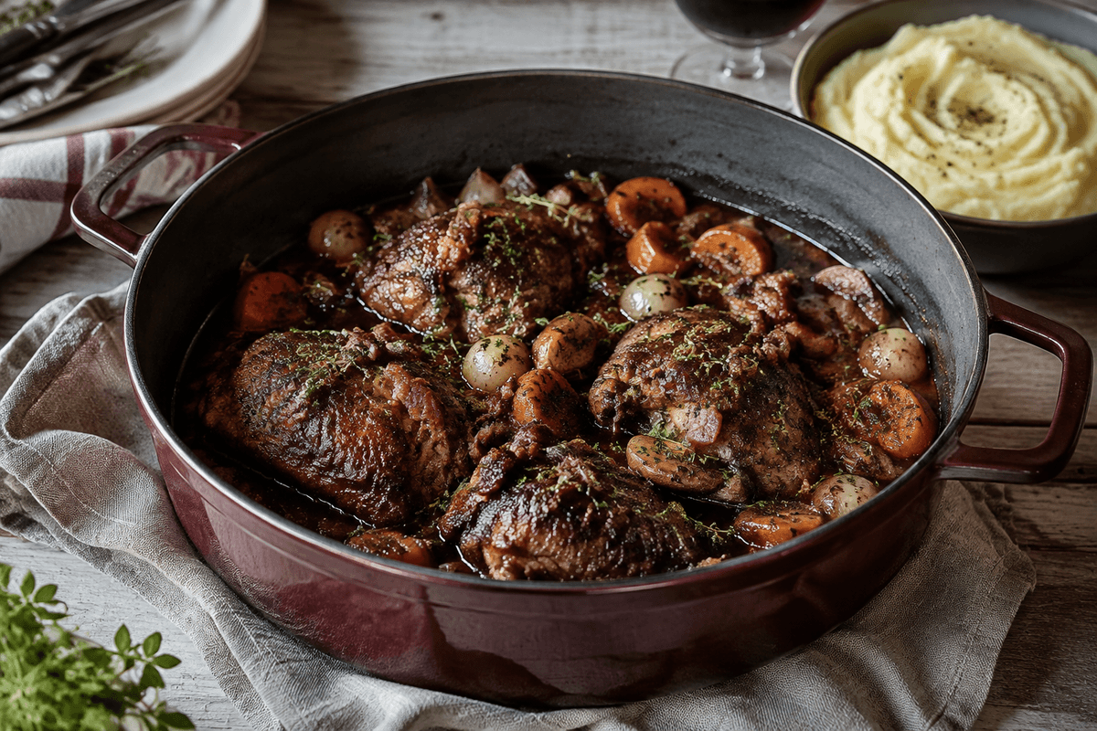 Coq au vin med kylling, blank rødvinssauce, perleløg, svampe, gulerod og bacon