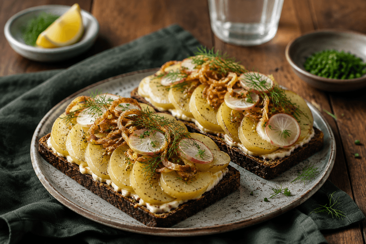 Kartoffelmad på rugbrød med nye kartofler, citronmayo, radise, urter og sprøde løg