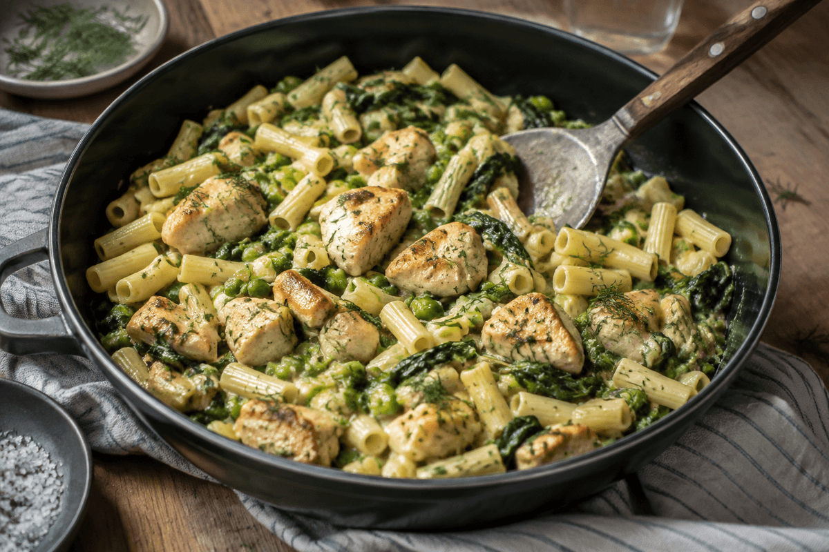 Cremet one pot pasta med kylling, porre, ærter, spinat, citron og dild