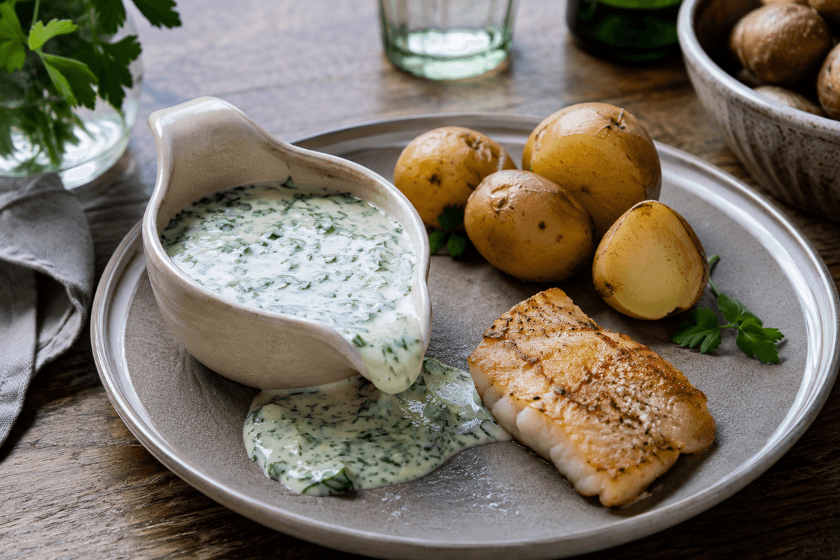 Klassisk persillesovs i lys sovsekande med kogte kartofler og stegt hvid fisk