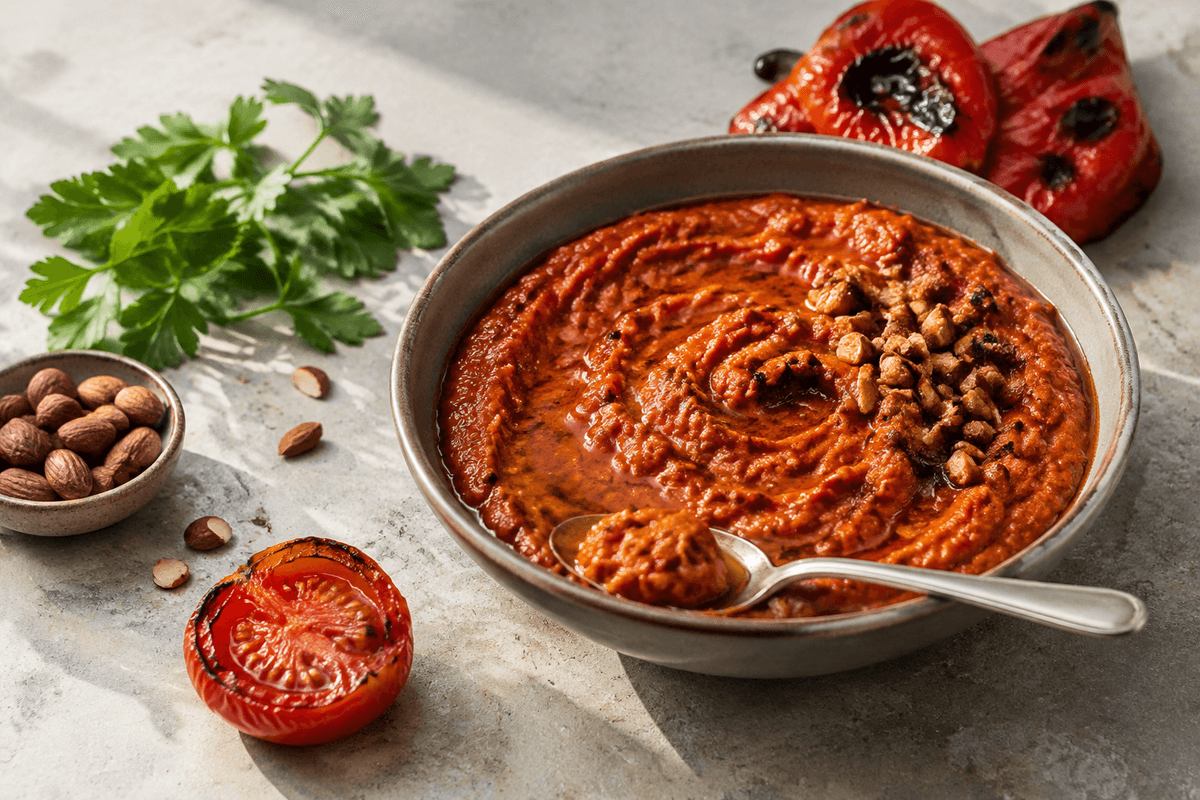 Romesco sauce med ristede peberfrugter, tomat og mandler i en varmgrå skål