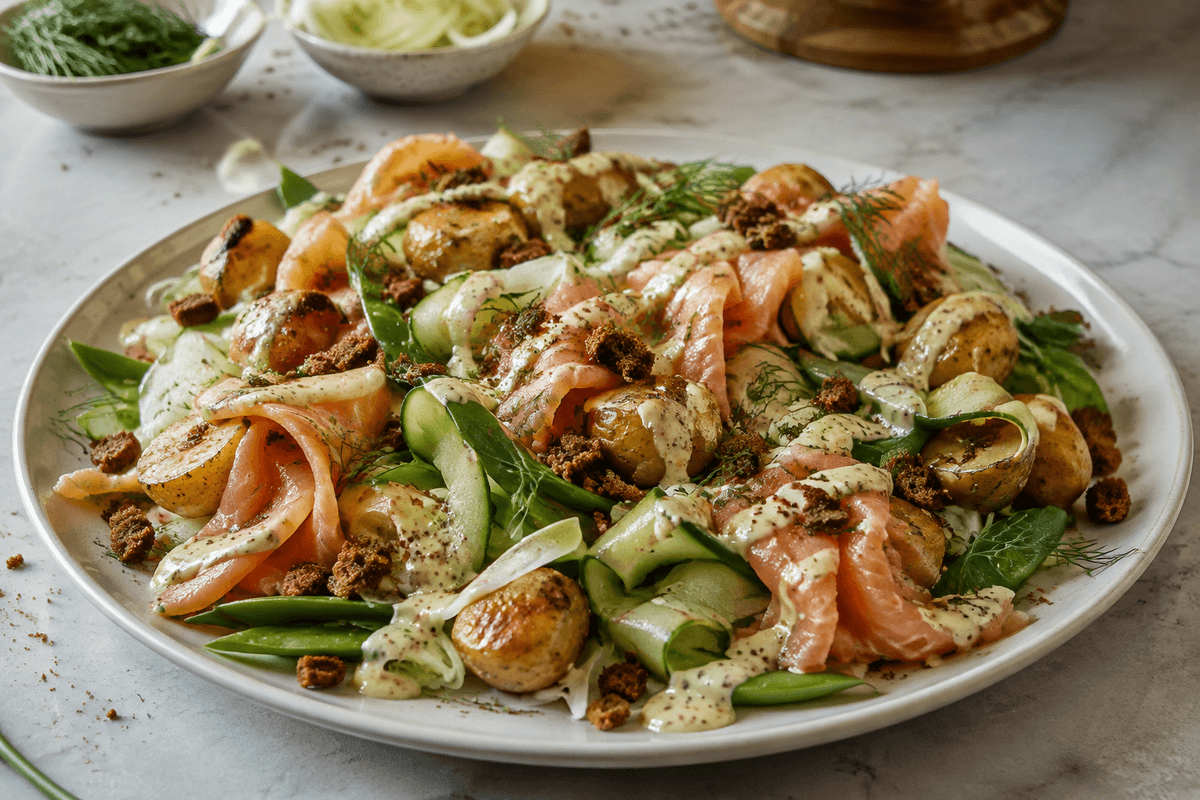 Salat med varmrøget laks, sprøde kartofler, fennikel, agurk, dild og rugbrødsdrys