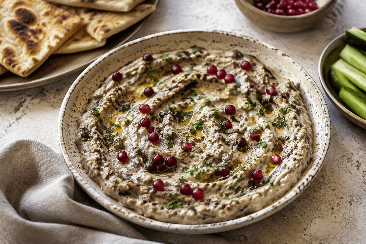 Cremet baba ganoush med røget aubergine, tahin, citron, persille, granatæble og olivenolie