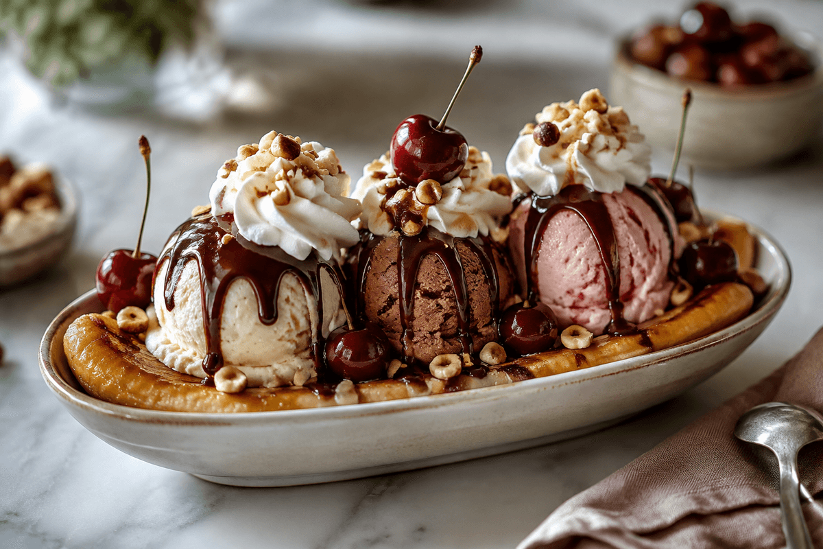 Bananasplit med karamelliseret banan, tre slags is, chokoladesauce, flødeskum, hasselnødder og kirsebær