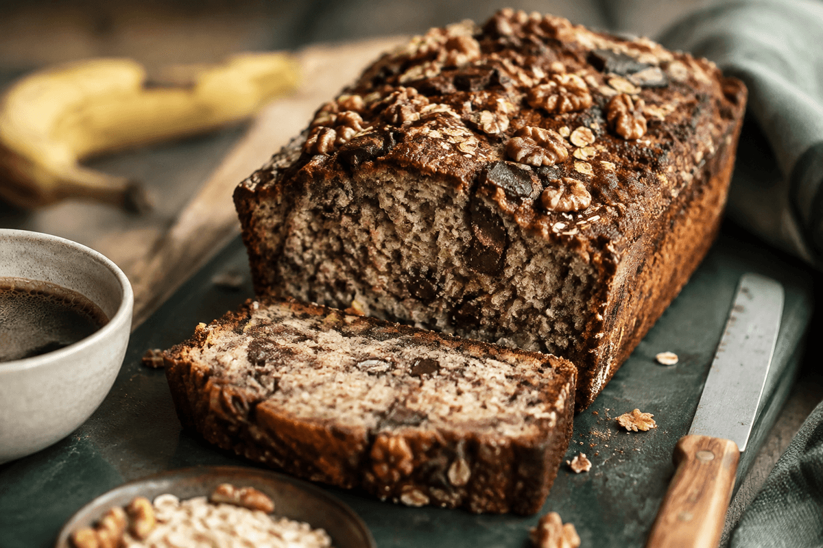 Saftigt bananbrød med brunet smør, rugflager, valnødder og mørk chokolade