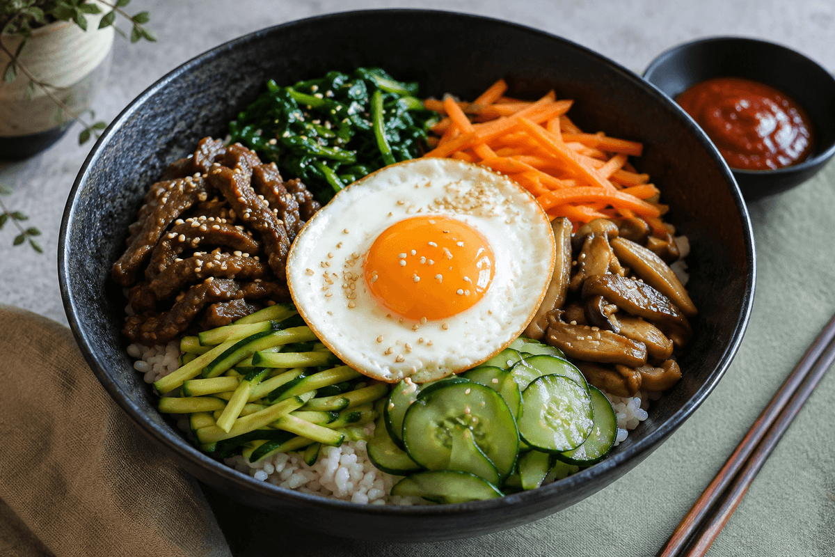 Bibimbap med ris, oksekød, grøntsager, spejlæg, sesam og gochujangsauce