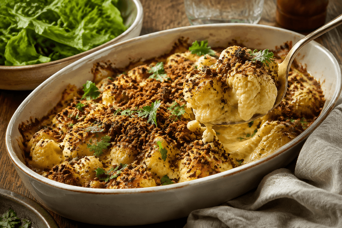 Gylden blomkålsgratin med sennepsostesauce, rugkrumme og grøn salat