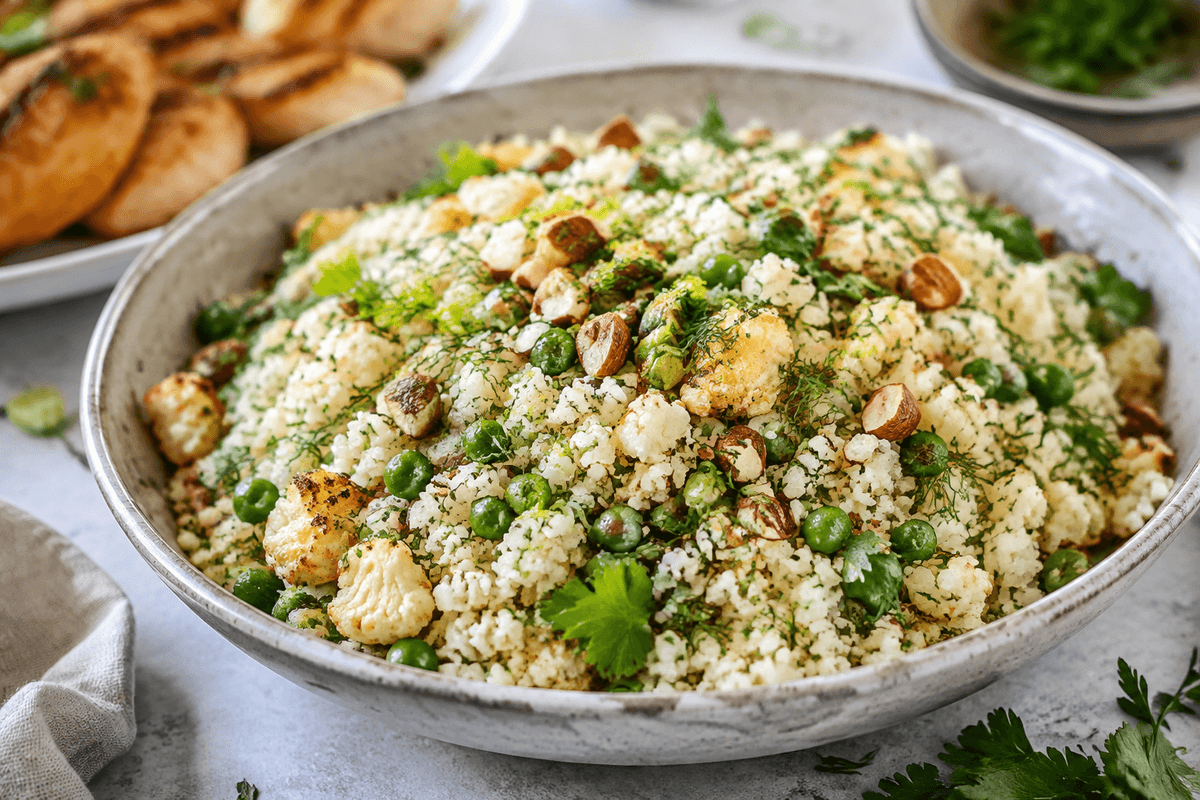 Blomkålsris med lime, grønne urter, ærter og ristede mandler