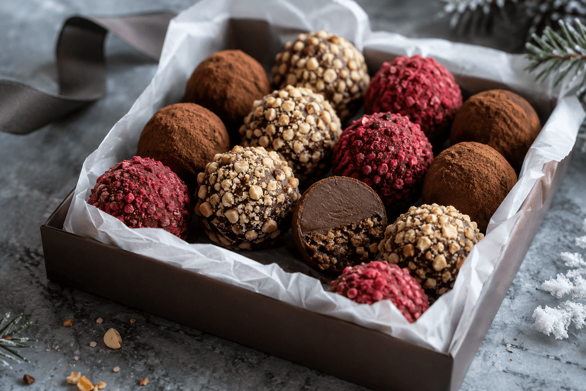 Chokoladetrøfler med brunet smør, sprød rugkerne, kakao, hasselnød og hindbær