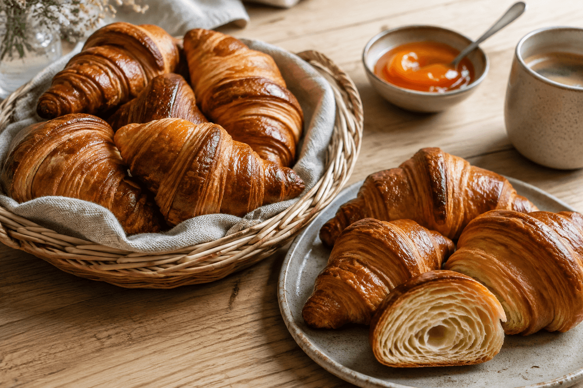 Hjemmelavede smørcroissanter med dybt gylden skorpe, sprøde lag og luftig bikagekrumme