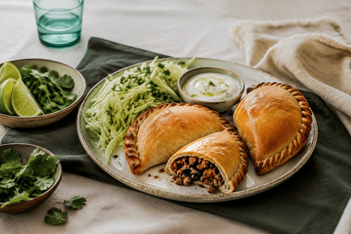Gyldne empanadas med oksekød, sorte bønner, peberfrugt og limecreme