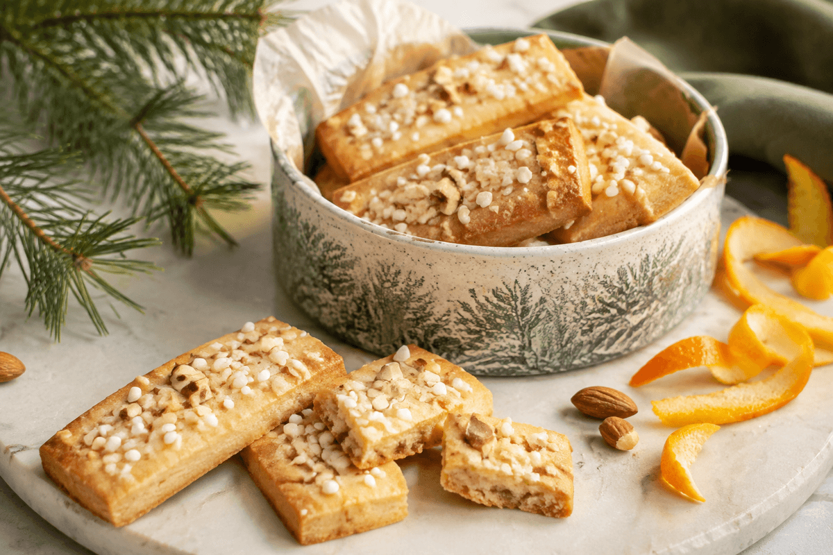 Finskbrød med brunet smør, appelsin, mandler og knasende perlesukker