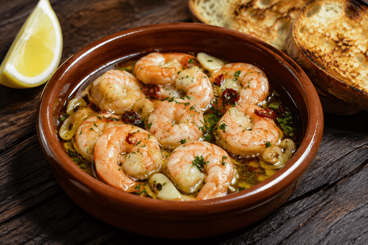 Gambas pil pil i varm støbejernspande med hvidløg, chili, persille og citron
