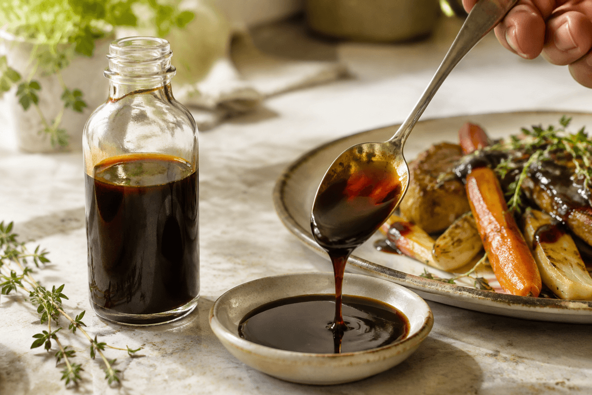 Blank mørk gastrik i flaske og på ske ved sauce og ristede rodfrugter