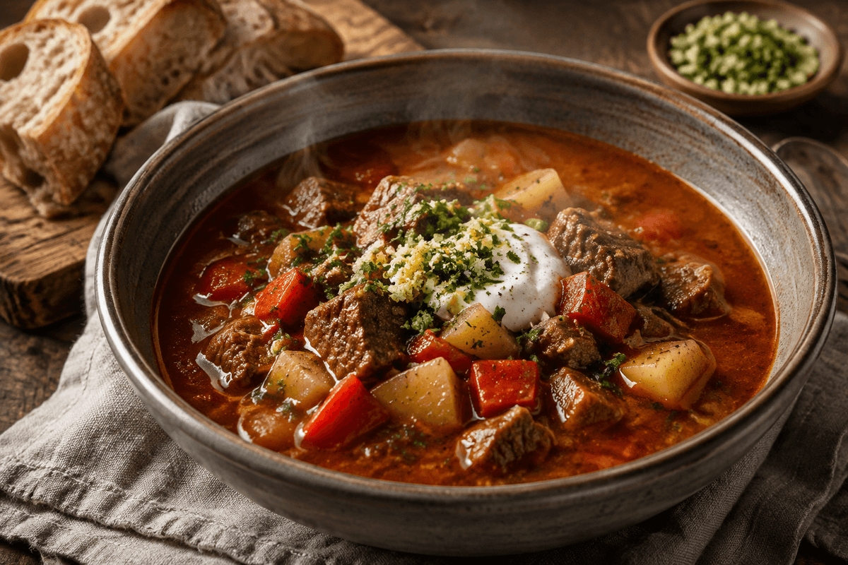 Dyb rød gullaschsuppe med mørt oksekød, kartofler, peberfrugt og persillegremolata