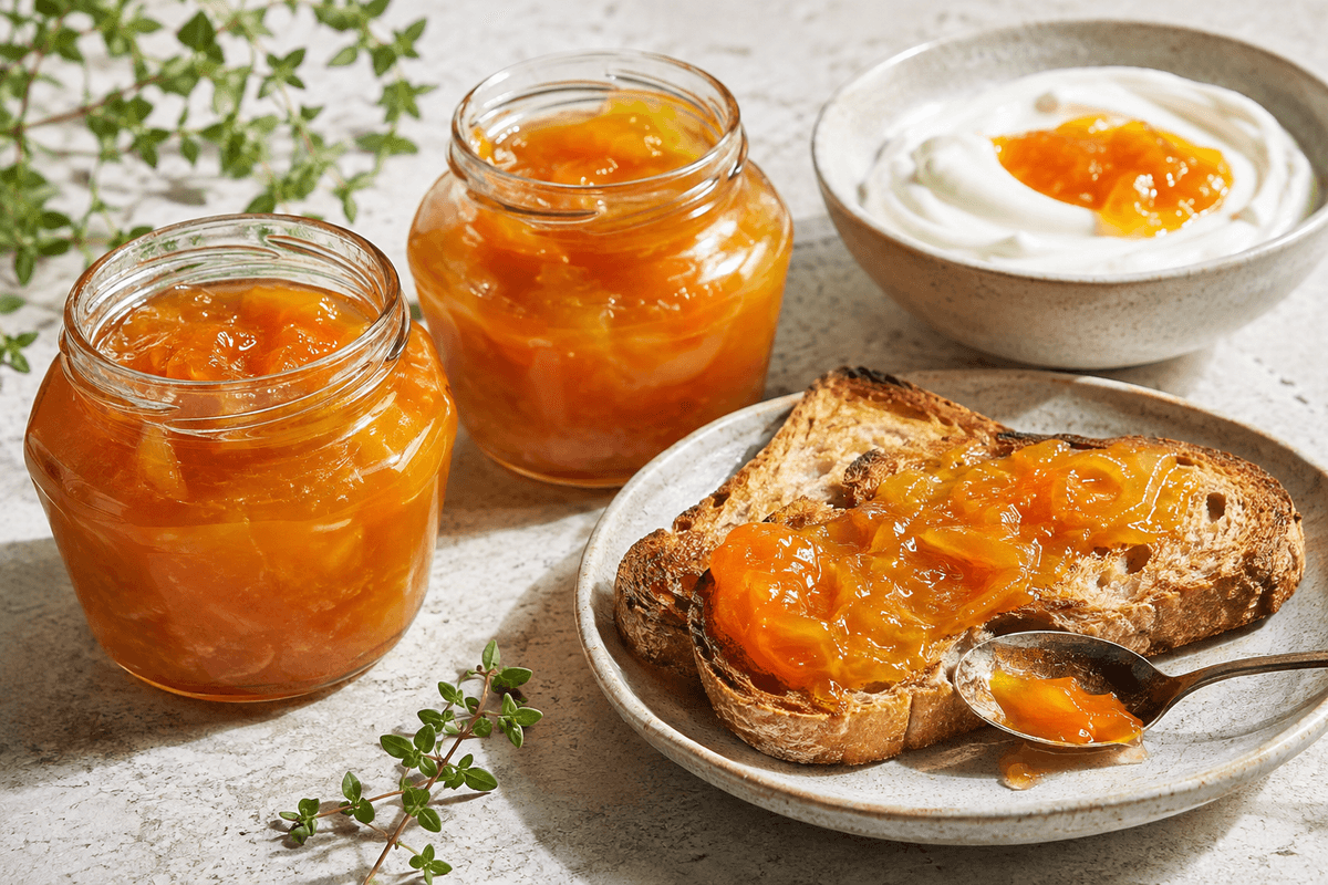 Hjemmelavet abrikosmarmelade med bløde frugtstykker, citron, vanilje og citrontimian i små glas