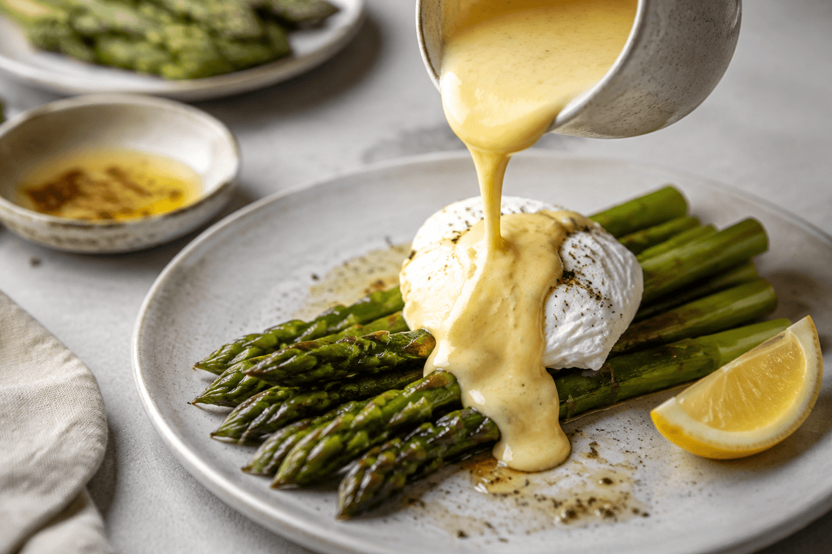 Blank hollandaisesauce med citron, brunet smør, asparges og pocheret æg