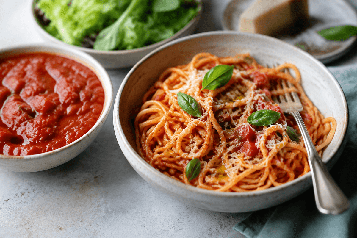 Spaghetti med blank nem tomatsovs, basilikum, parmesan og grøn salat