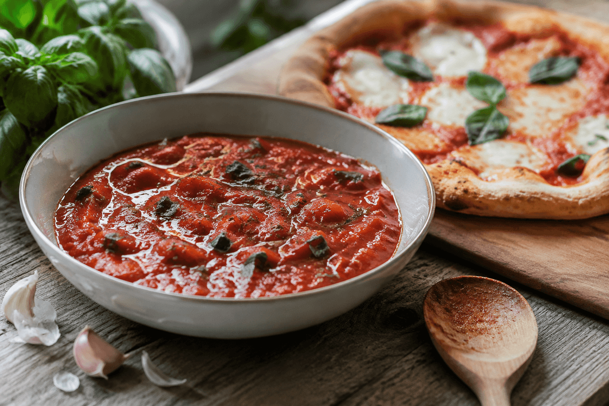 Hjemmelavet tomatsovs til pizza med basilikum og oregano ved en sprød margherita