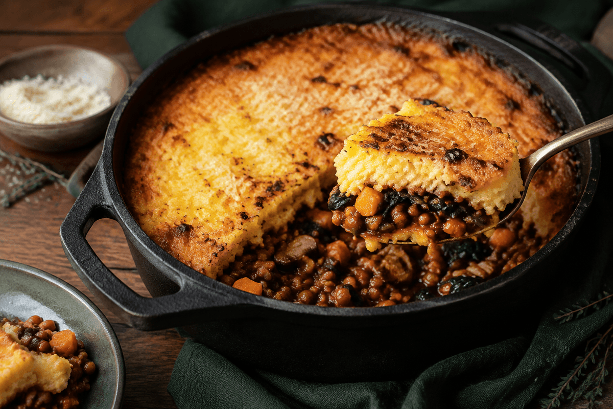 Vegetarisk one pot pie med gyldent polentalag, linser, svampe, tomat, gulerod og spinat
