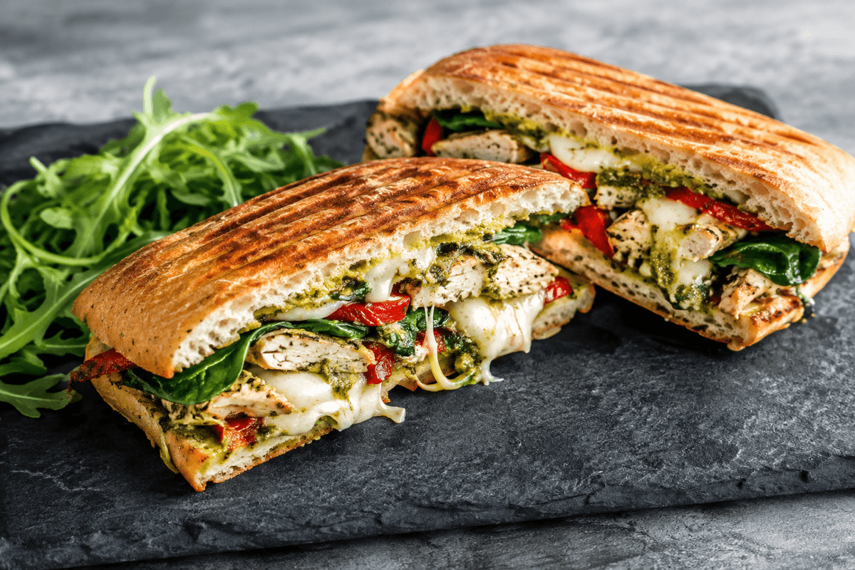 Sprød panini med citronkylling, mozzarella, bagt peberfrugt, spinat og grøn pesto