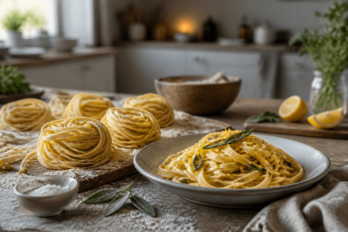 Friske hjemmelavede tagliatelle af gylden pastadej med citron, brunet smør og salvie