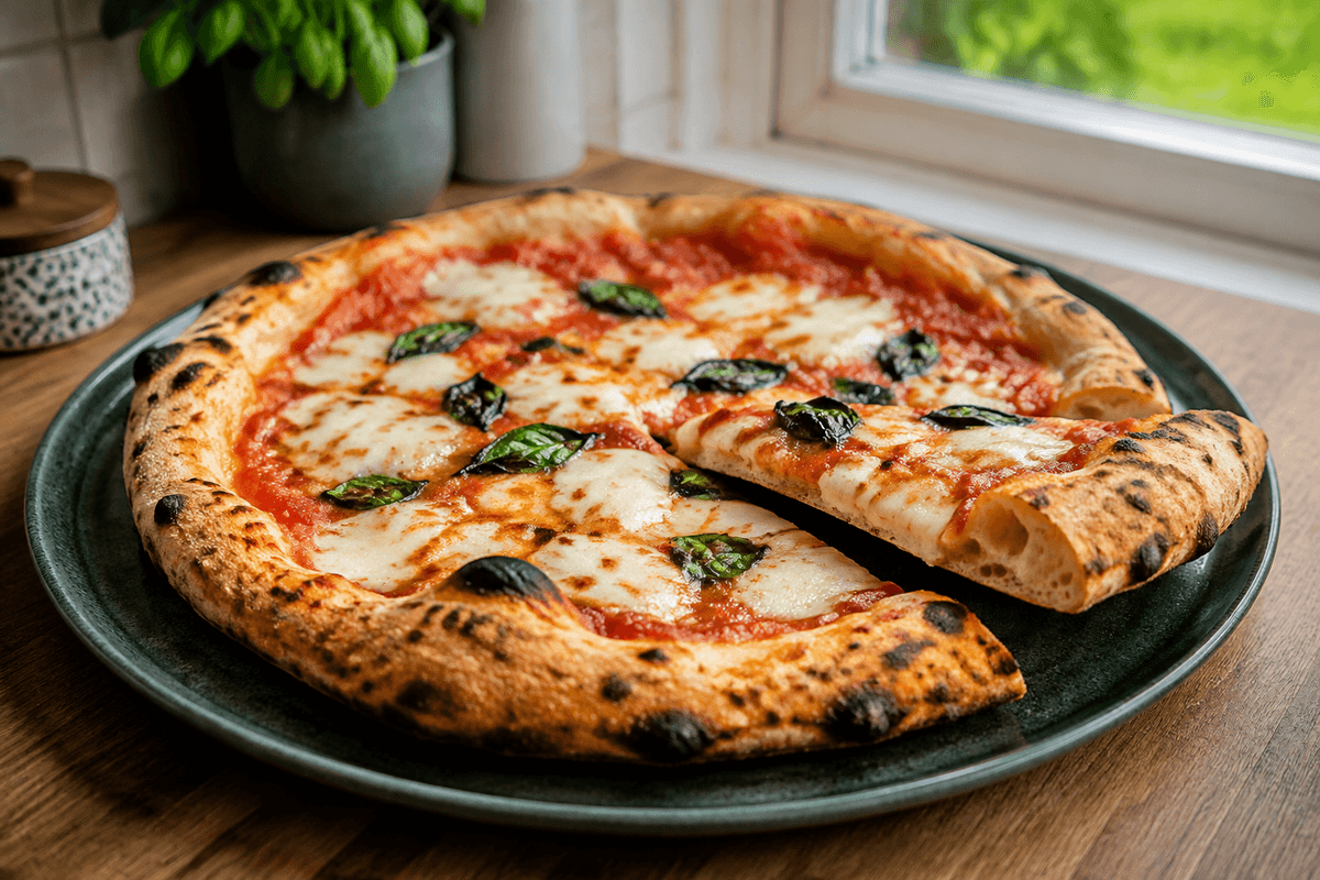 Pizza med sprød bund, luftig kant, tomat, mozzarella og basilikum bagt på hjemmelavet pizzadej