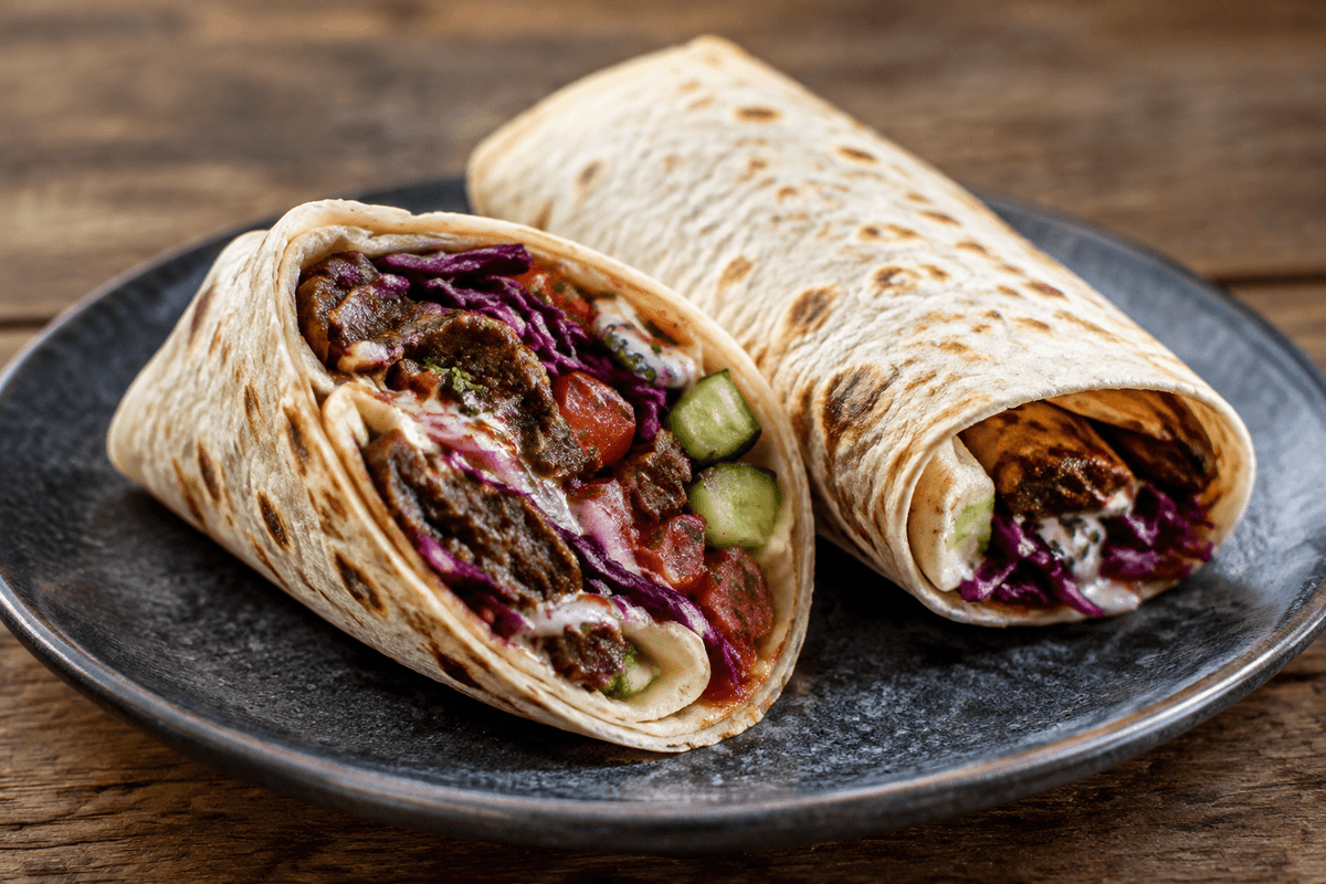 Rullekebab i tyndt fladbrød med krydret okse-lammekød, rødkål, tomat, agurk, syltede løg og chilidressing
