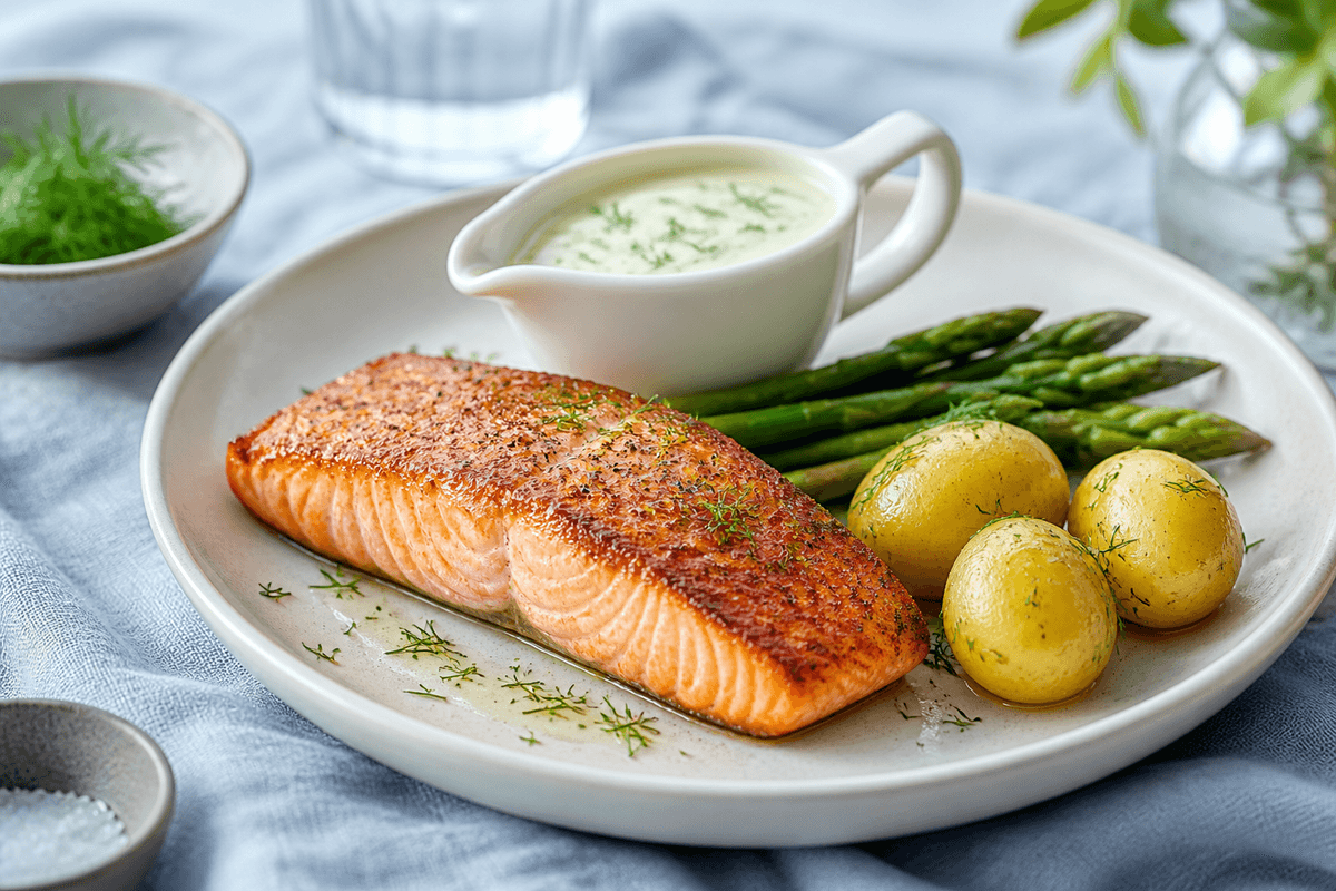 Stegt laks med blank citron-dildsauce, nye kartofler og grønne asparges