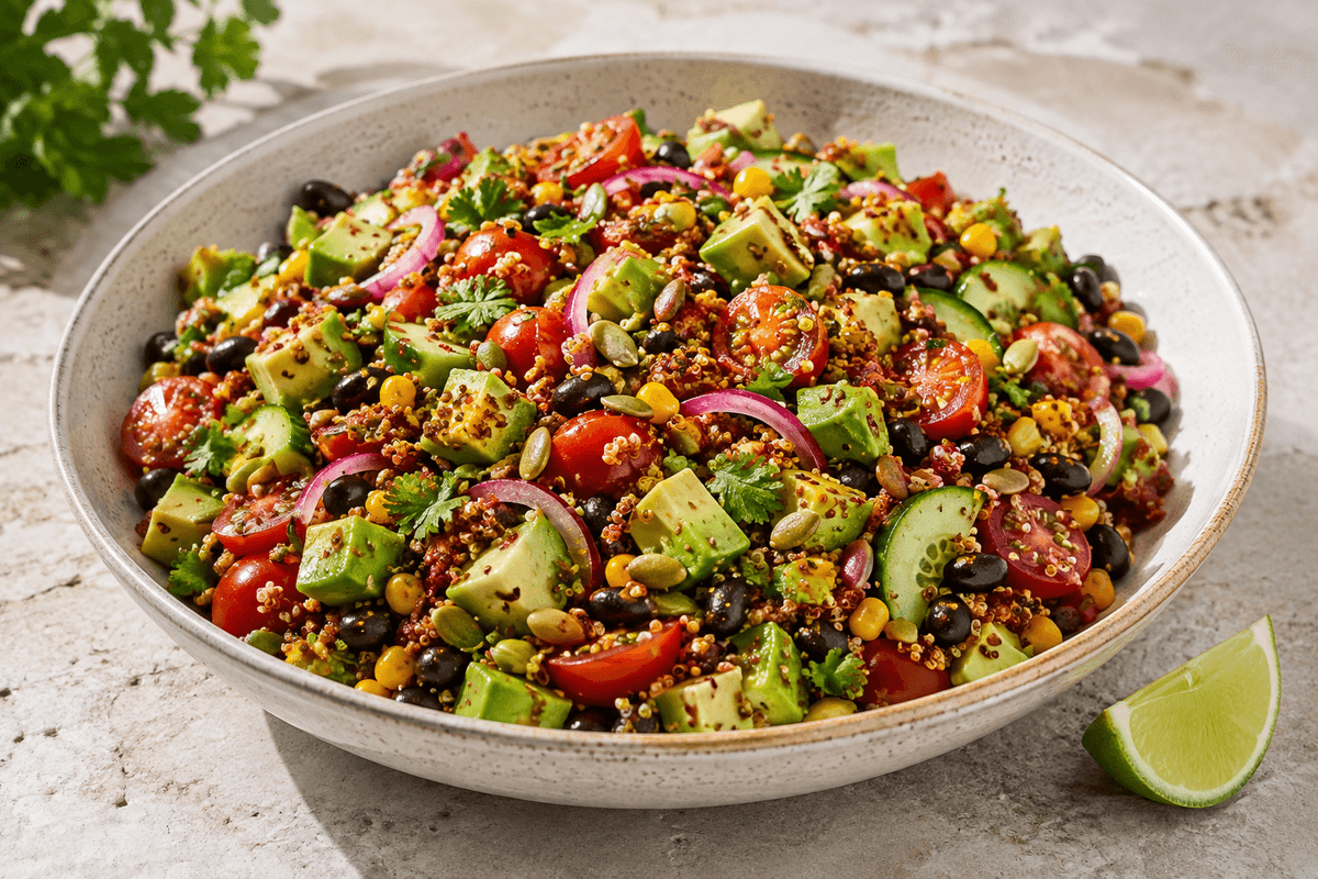 Avocadosalat med sorte bønner, majs, tomat, agurk, syltede rødløg og sprød quinoa i en lys skål