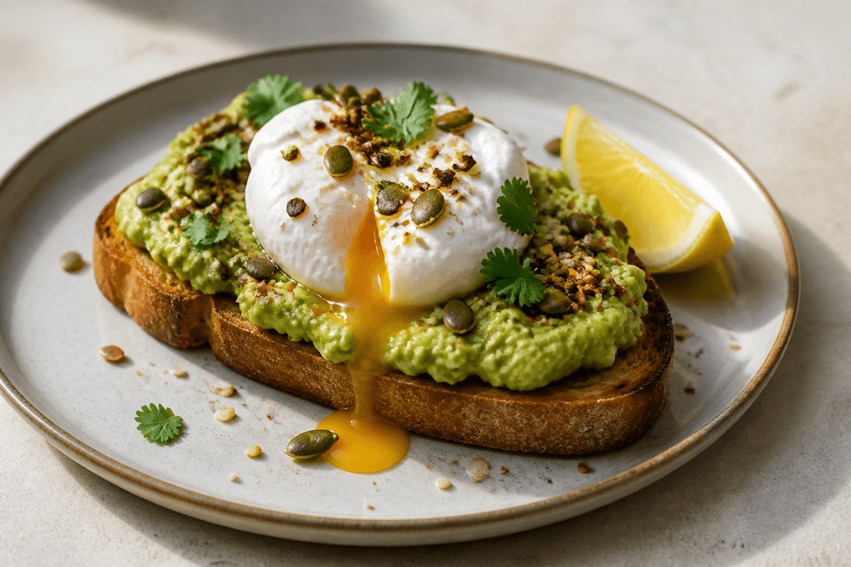Avocadotoast med pocheret æg, citron, chili-frøknas og friske urter på ristet surdejsbrød