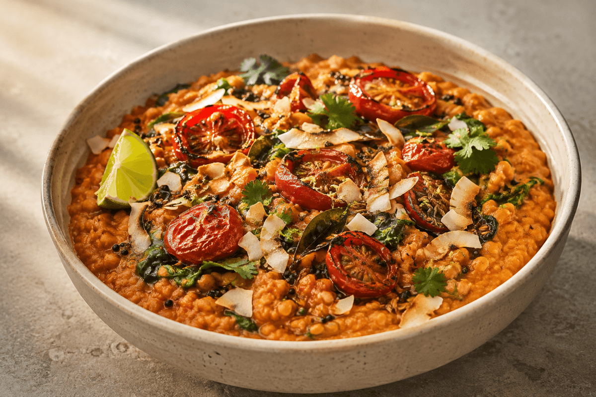 Rød dhal med cremede linser, ovnbagte tomater, spinat og sprød kokos-lime-tadka i en lav skål