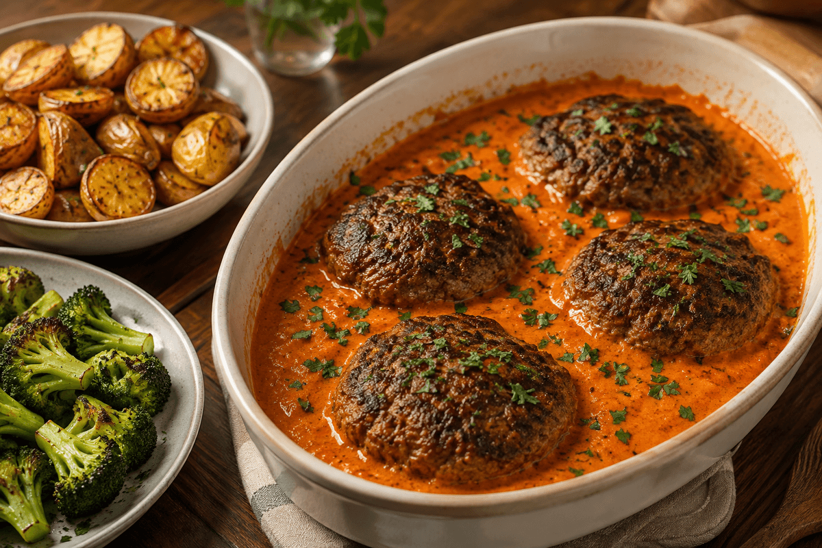 Hakkebøffer i et lyst fad med blank pikant peberfrugtsauce, persille og ovnbagte kartofler og broccoli ved siden af