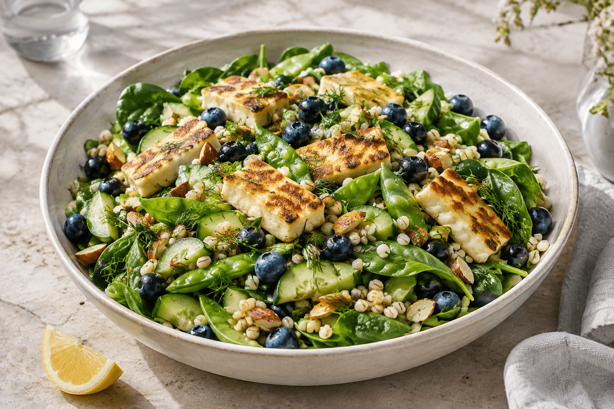 Blåbærsalat med perlebyg, gylden halloumi, sukkerærter, spinat, mandler og dild-citronvinaigrette