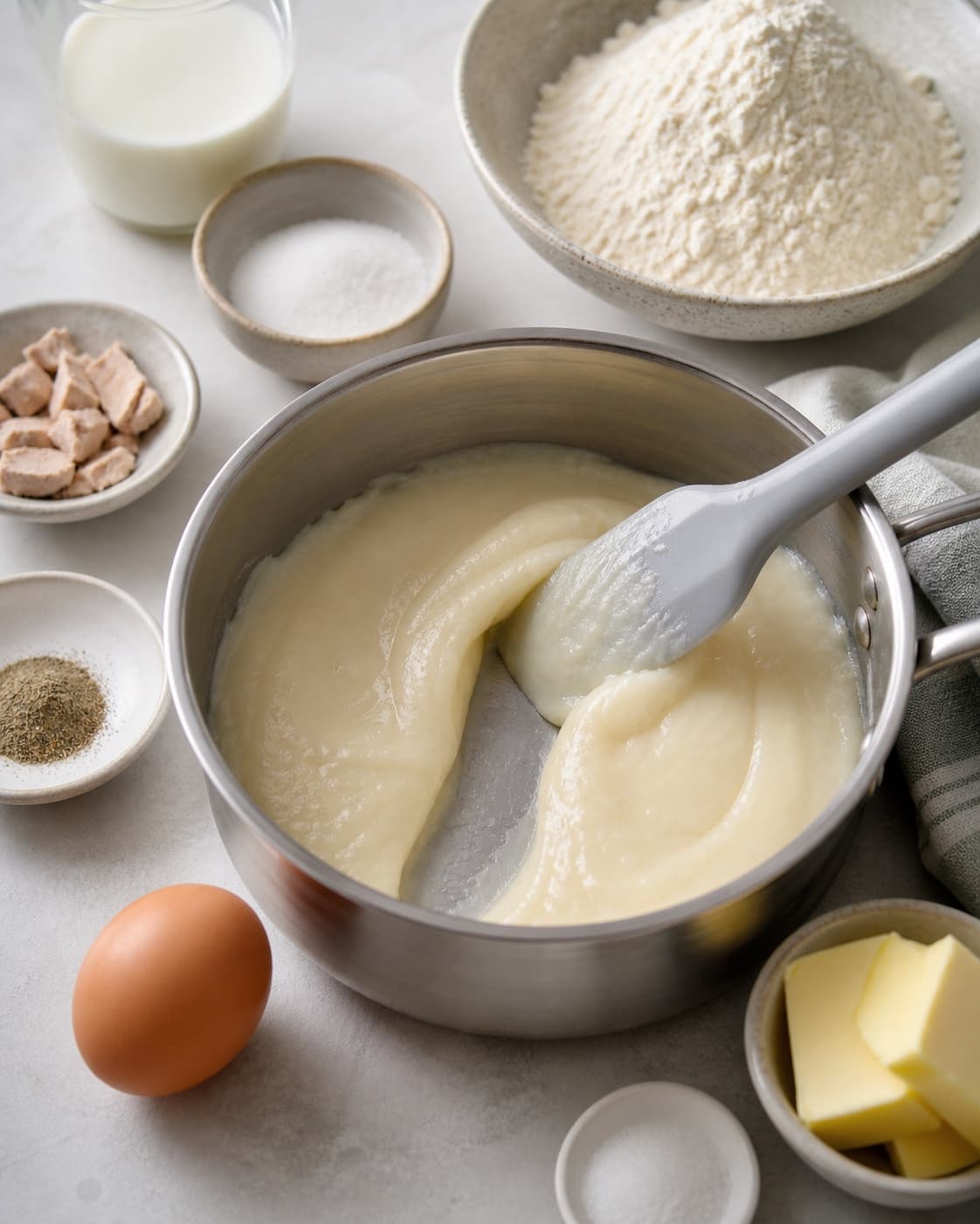 Blank lys tangzhong i gryde med en tydelig spatelfure og afmålte dejingredienser