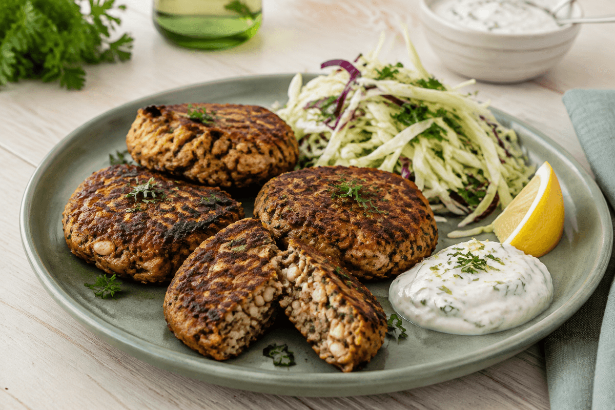Gyldne bønnebøffer af hvide bønner og svampe med kålsalat og citronyoghurt
