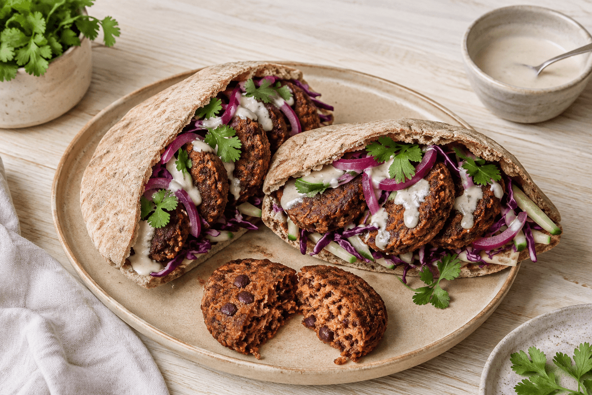Fuldkornspita med bagte kidneybønne-gulerodsdeller, rødkål og citron-tahinyoghurt