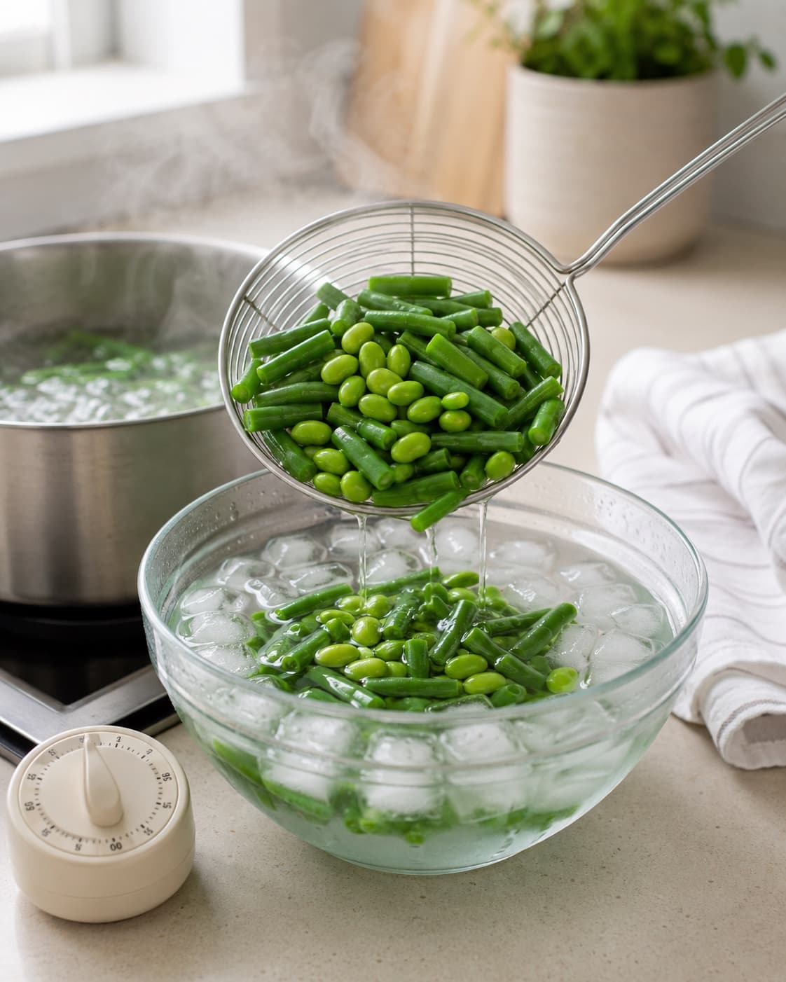 Grønne bønner og edamame flyttes straks fra kogevand til rigeligt isvand