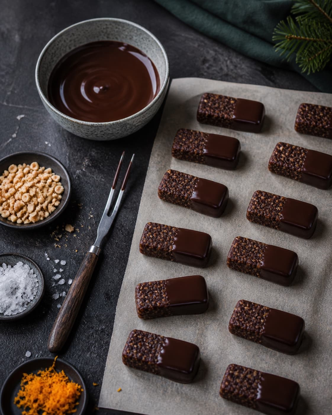 Dadelkonfektbarer med den ene ende dyppet i blank mørk chokolade sættes på papir med nødder, salt og appelsinskal