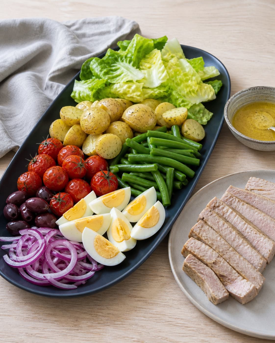 Langt mørkeblåt fad med kartofler, bønner, salat, tomater, æg, oliven og løg samt helt gennemstegt tun på separat tallerken