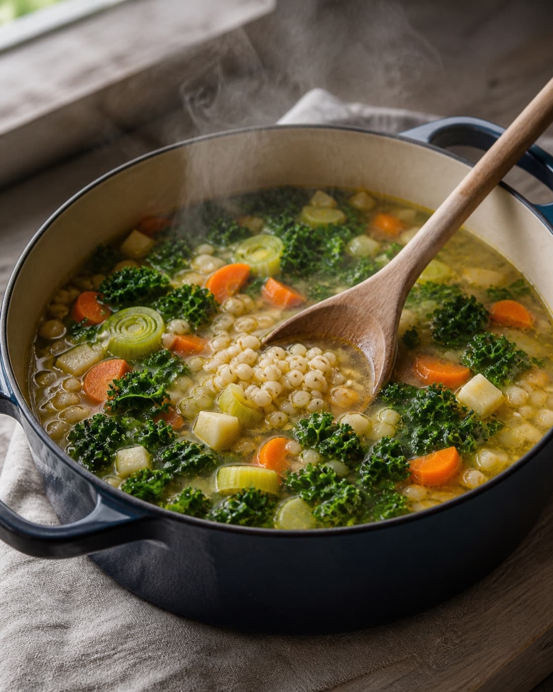 Gylden suppe med svulmet perlebyg, møre gulerødder, selleri, porre og frisk grøn grønkål i mørkeblå gryde