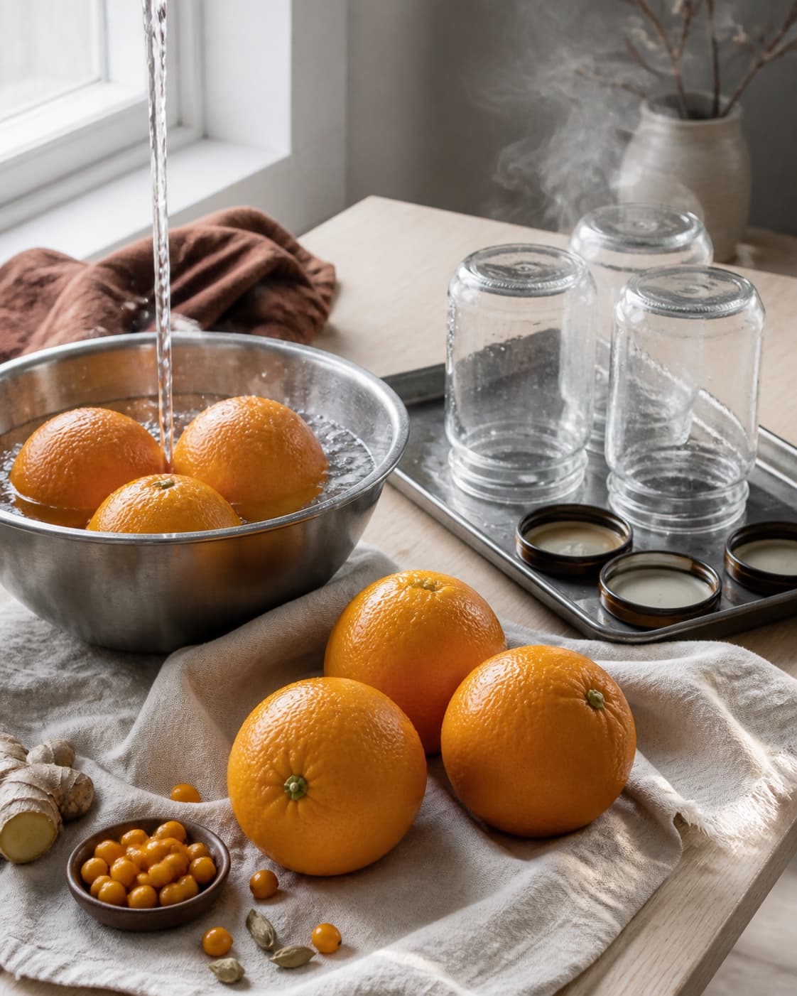 Hele appelsiner vaskes i stålskål ved siden af varme rene glas og låg på bakke med havtorn og ingefær